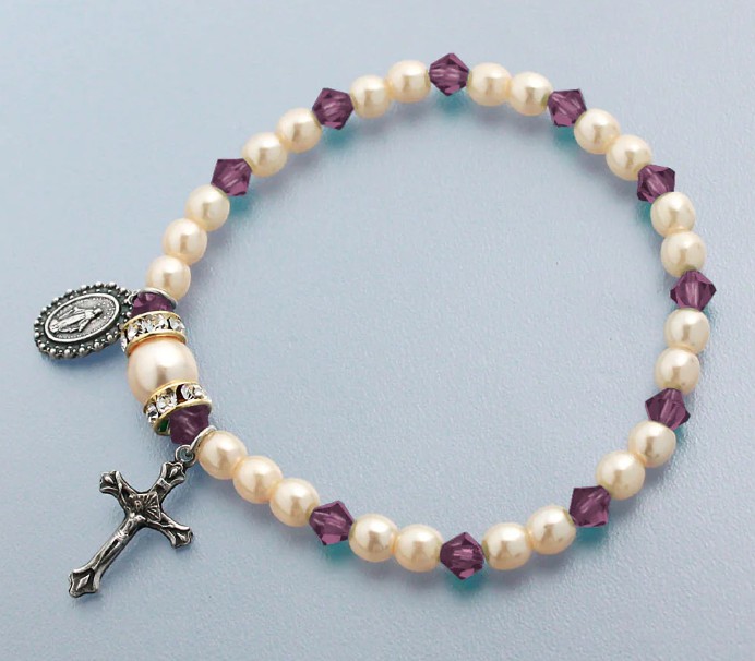 Rosary Bracelet Stretch Amethyst/Pearl