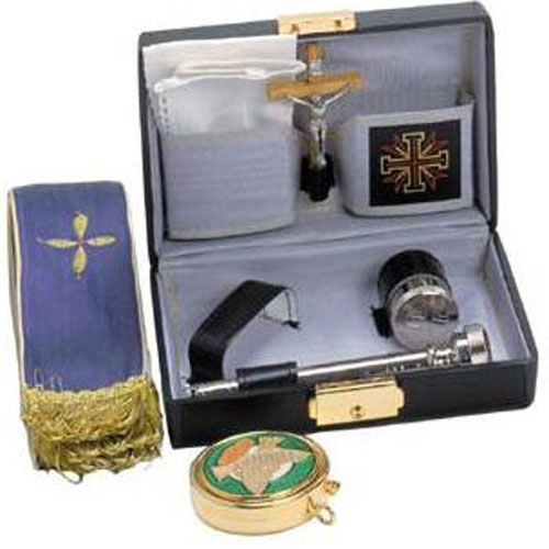 Sick Call Set.  5-7/8? x 4-1/4? x 2? hard case, gold plated 2? dia. pyx (7 host cap.), 1? dia. oil stock, 5? sprinkler, 55? x 2? reversible stole, 31/8?H. crucifix, finger cloth.