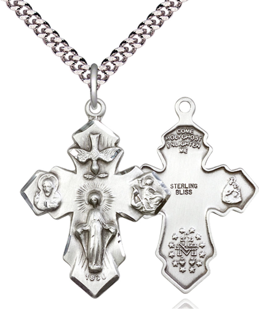 Sterling Silver 4-Way Pendant on a 24 inch Light Rhodium Heavy Curb chain