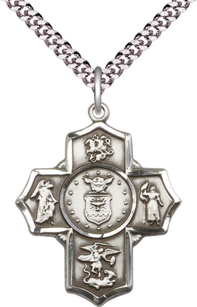 Sterling Silver 5-Way Air Force Pendant on a 24 inch Light Rhodium Heavy Curb chain