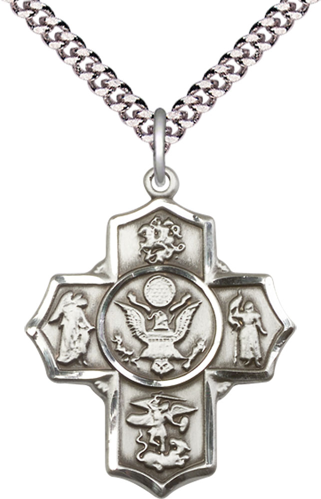 Sterling Silver 5-Way Army Pendant on a 24 inch Light Rhodium Heavy Curb chain