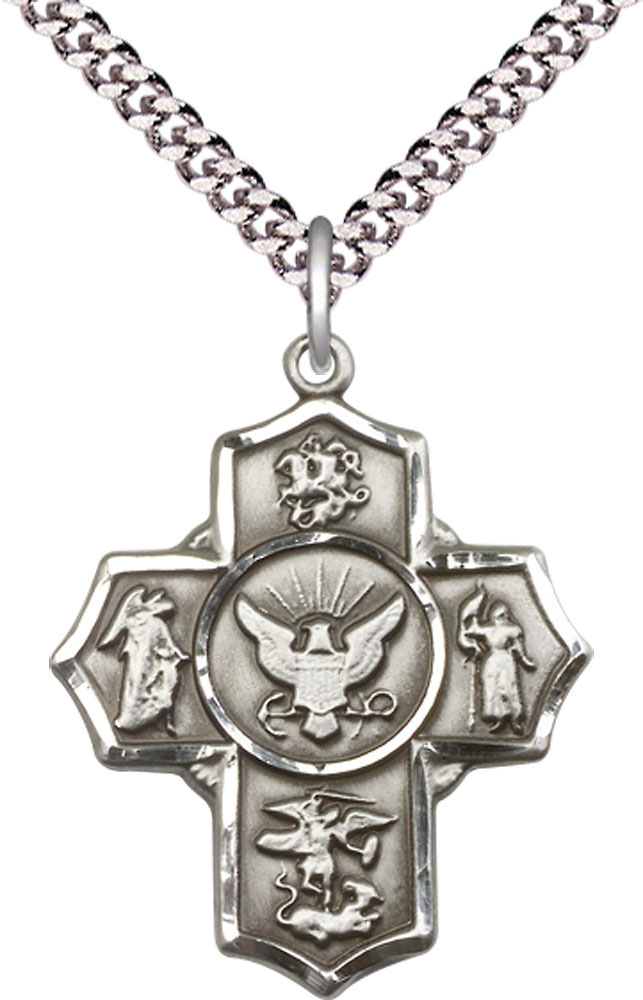 Sterling Silver 5-Way Navy Pendant on a 24 inch Light Rhodium Heavy Curb chain