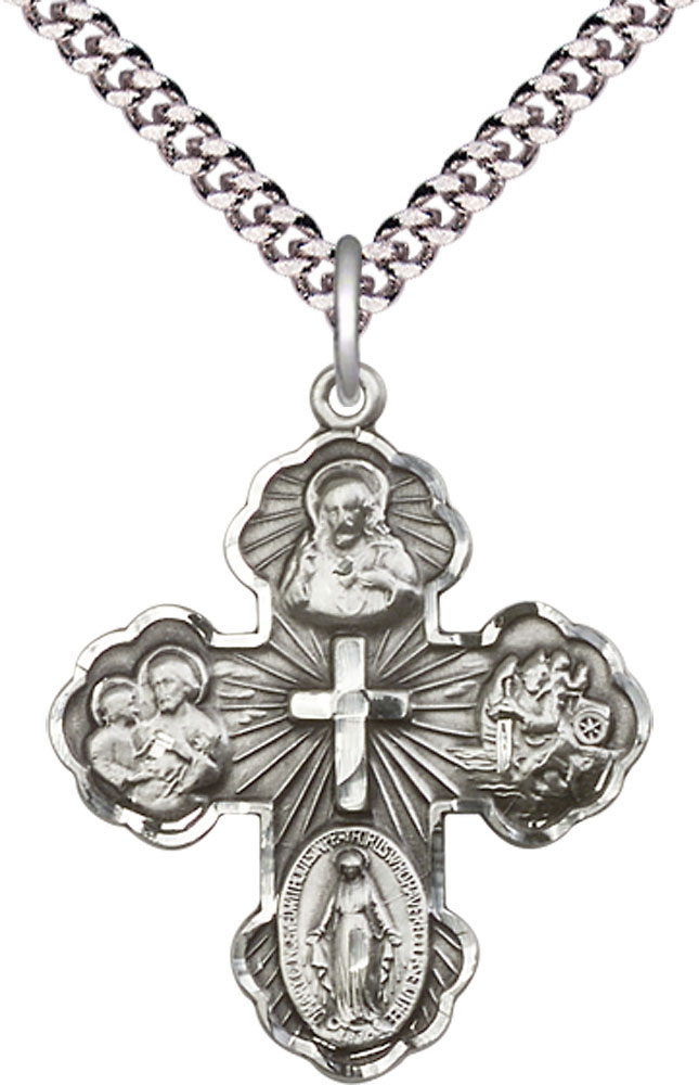 Sterling Silver 5-Way Pendant on a 24 inch Light Rhodium Heavy Curb chain