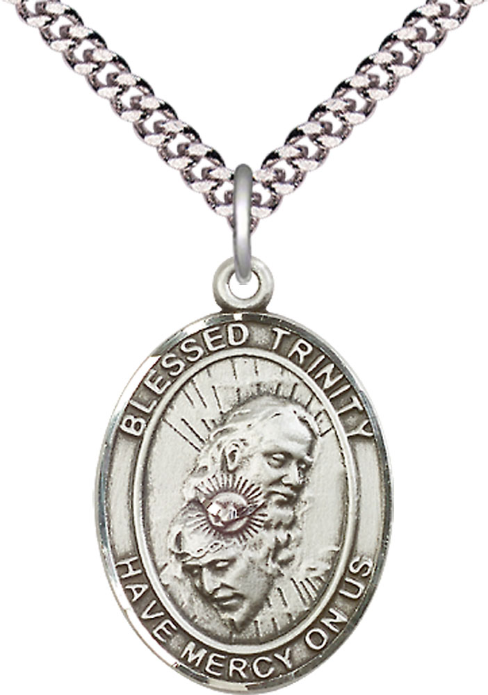 Sterling Silver Blessed Trinity Pendant on a 24 inch Light Rhodium Heavy Curb chain