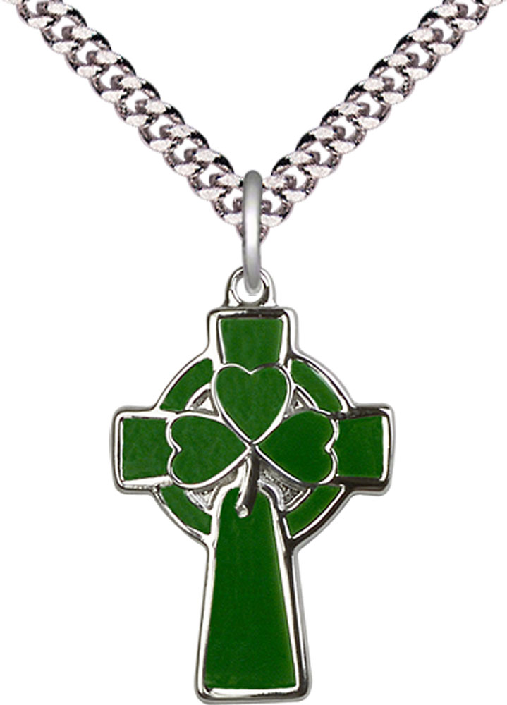 Sterling Silver Celtic Cross Pendant on a 24 inch Light Rhodium Heavy Curb chain
