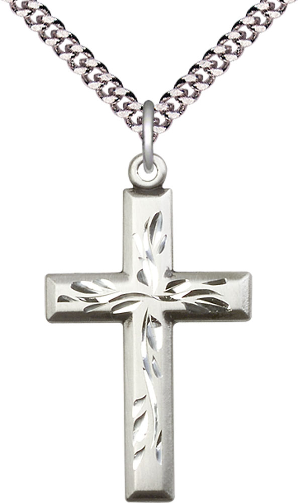 Sterling Silver Cross Pendant on a 24 inch Light Rhodium Heavy Curb chain
