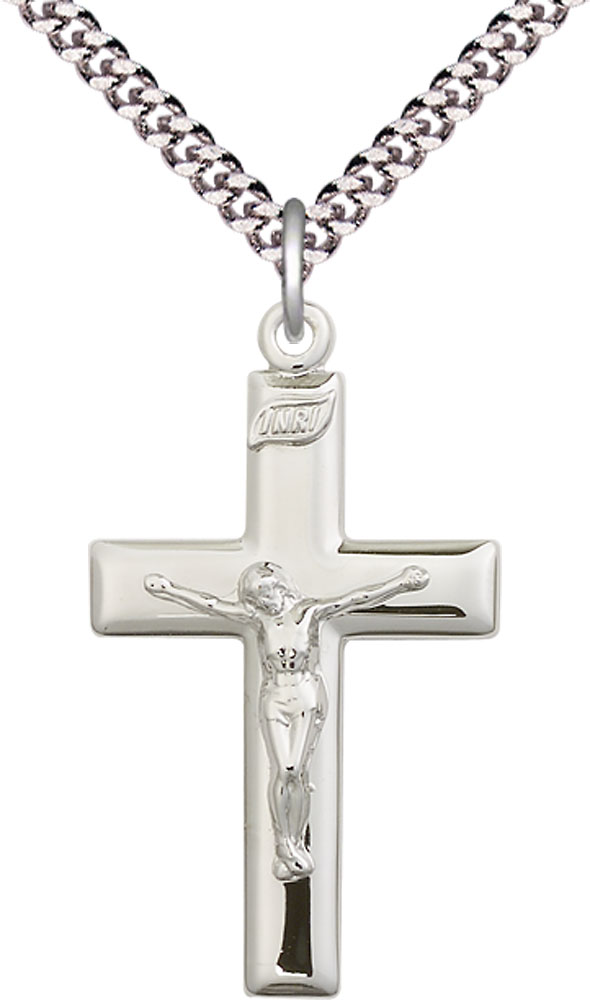 Sterling Silver Crucifix Pendant on a 24 inch Light Rhodium Heavy Curb chain