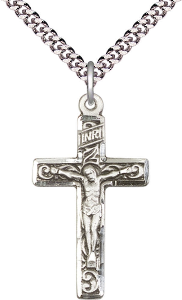 Sterling Silver Crucifix Pendant on a 24 inch Light Rhodium Heavy Curb chain