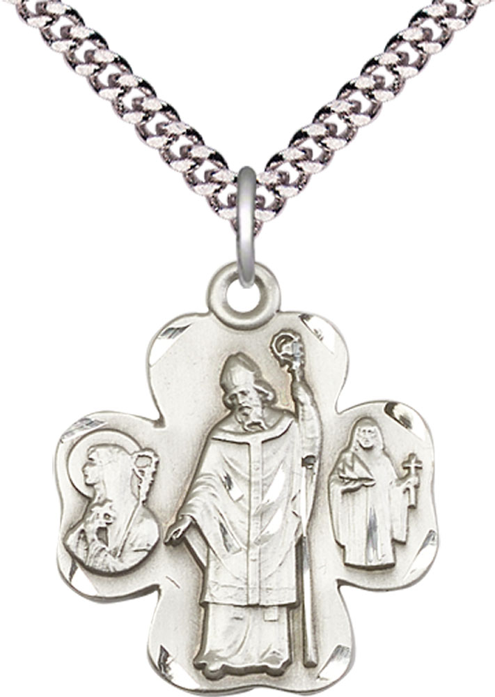 Sterling Silver Irish Shamrock Pendant on a 24 inch Light Rhodium Heavy Curb chain