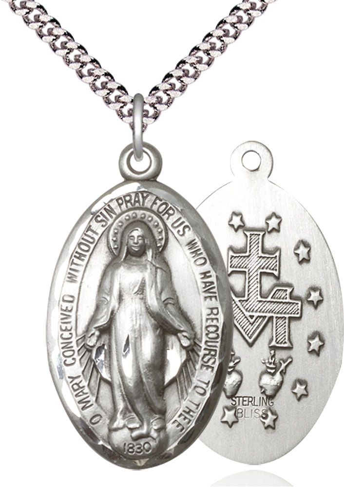 Sterling Silver Miraculous Pendant on a 24 inch Light Rhodium Heavy Curb chain