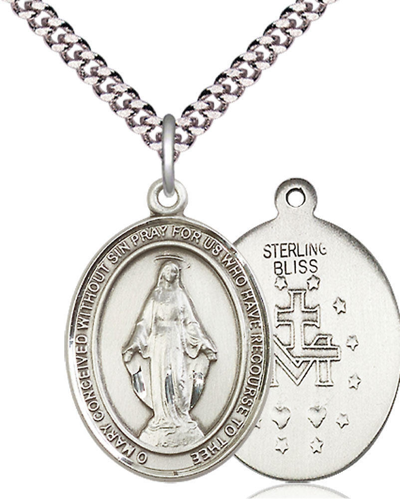 Sterling Silver Miraculous Pendant on a 24 inch Light Rhodium Heavy Curb chain