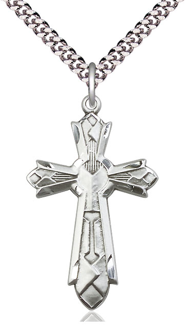 Sterling Silver Mosaic Cross Pendant on a 24 inch Light Rhodium Heavy Curb chain