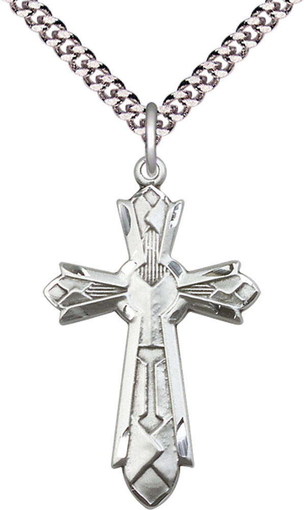 Sterling Silver Mosaic Cross Pendant on a 24 inch Light Rhodium Heavy Curb chain