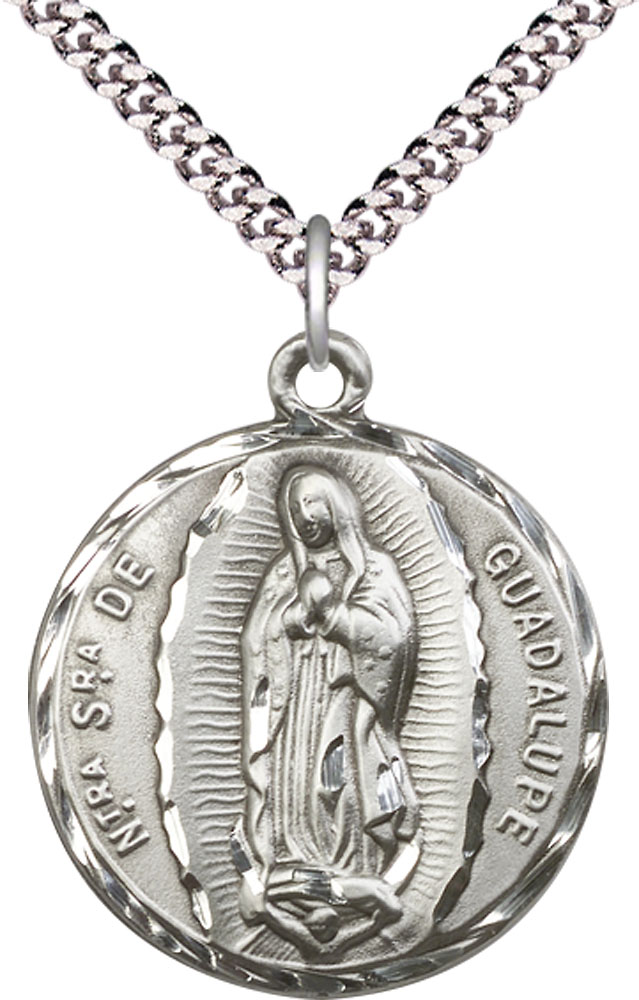 Sterling Silver Our Lady of Guadalupe Pendant on a 24 inch Light Rhodium Heavy Curb chain