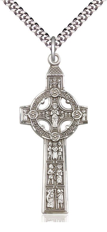 Sterling Silver Scriptures Cross Pendant on a 24 inch Light Rhodium Heavy Curb chain