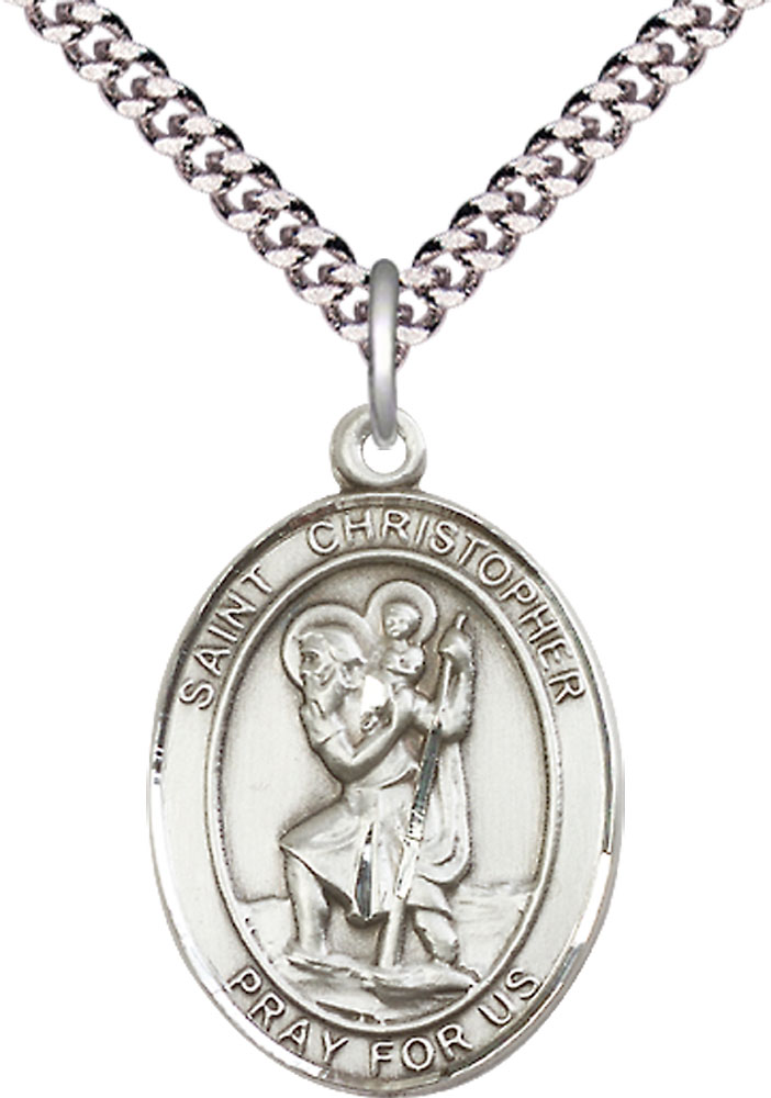 Sterling Silver Saint Christopher Pendant on a 24 inch Light Rhodium Heavy Curb chain