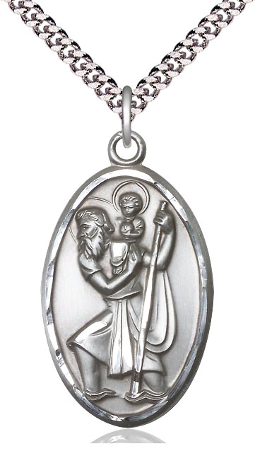 Sterling Silver Saint Christopher Pendant on a 24 inch Light Rhodium Heavy Curb chain