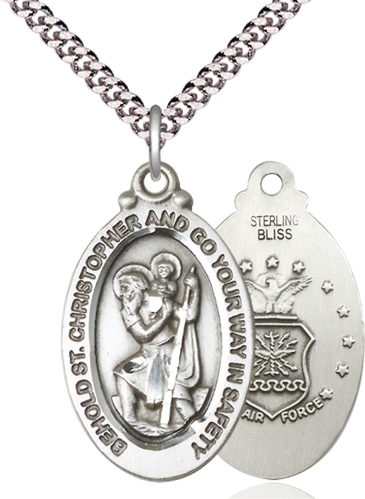 Sterling Silver Saint Christopher Air Force Pendant on a 24 inch Light Rhodium Heavy Curb chain