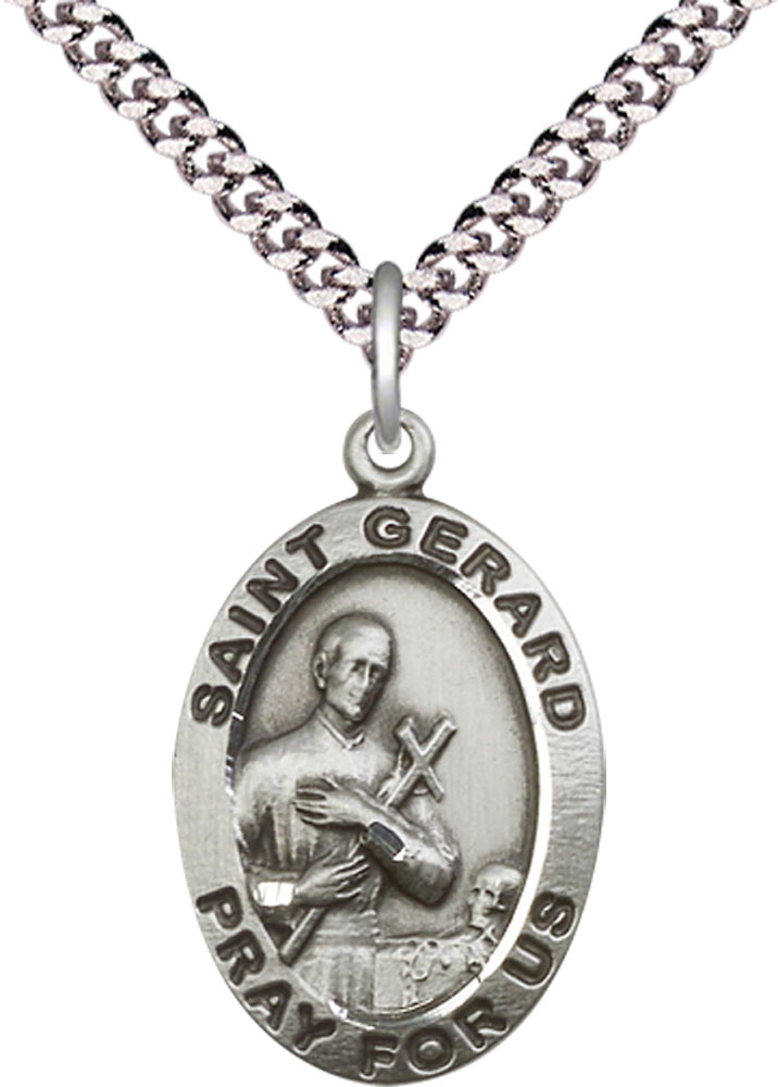 Sterling Silver Saint Gerard Pendant on a 24 inch Light Rhodium Heavy Curb chain