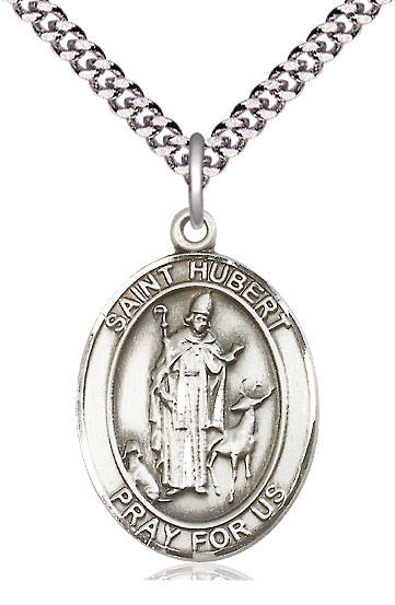 Sterling Silver Saint Hubert of Liege Pendant on a 24 inch Light Rhodium Heavy Curb chain