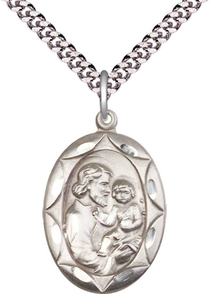Sterling Silver Saint Joseph Pendant on a 24 inch Light Rhodium Heavy Curb chain