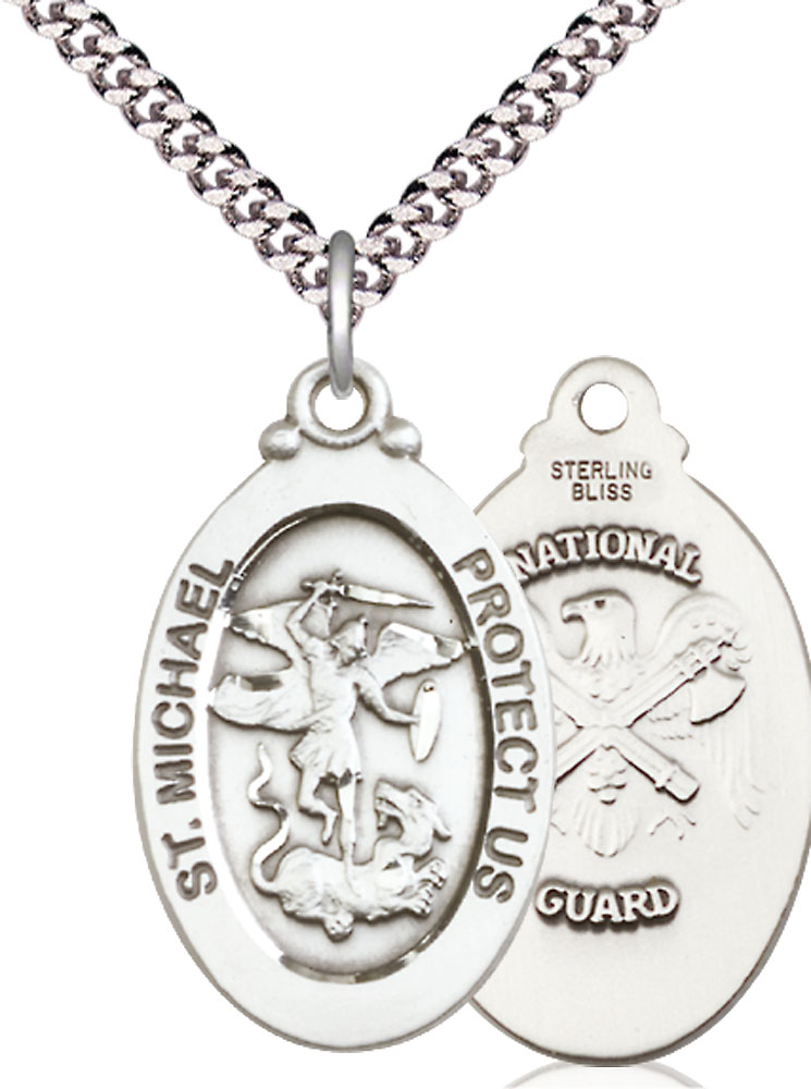 Sterling Silver Saint Michael National Guard Pendant on a 24 inch Light Rhodium Heavy Curb chain