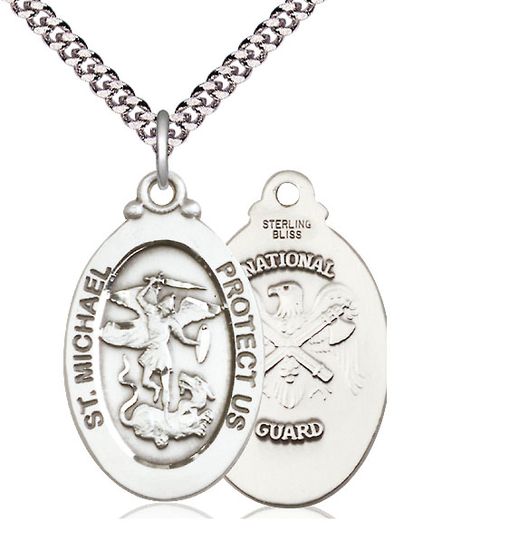 Sterling Silver Saint Michael National Guard Pendant on a 24 inch Light Rhodium Heavy Curb chain