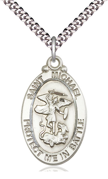 Sterling Silver Saint Michael Guardian Angel Pendant on a 24 inch Light Rhodium Heavy Curb chain