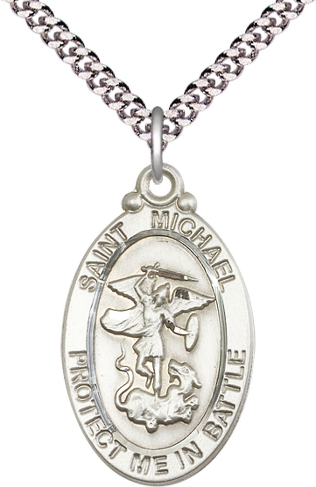 Sterling Silver Saint Michael Guardian Angel Pendant on a 24 inch Light Rhodium Heavy Curb chain