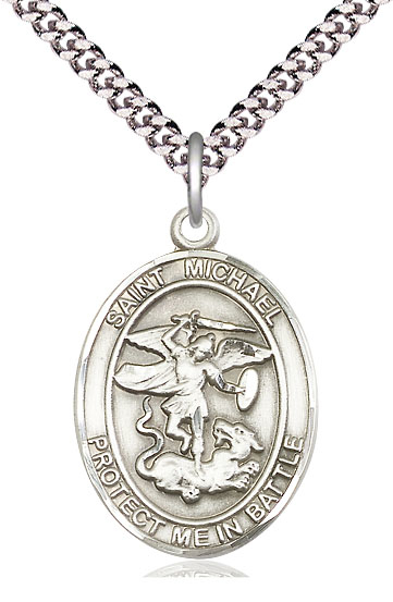 Sterling Silver Saint Michael Guardian Angel Pendant on a 24 inch Light Rhodium Heavy Curb chain