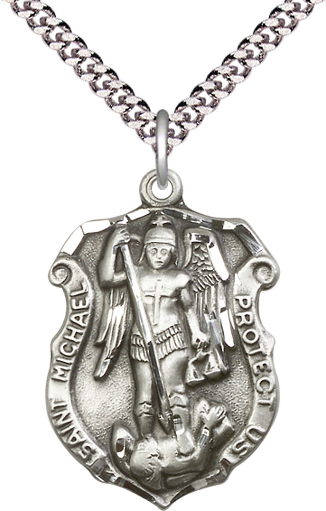 Sterling Silver Saint Michael the Archangel Shield Pendant on a 24 inch Light Rhodium Heavy Curb chain