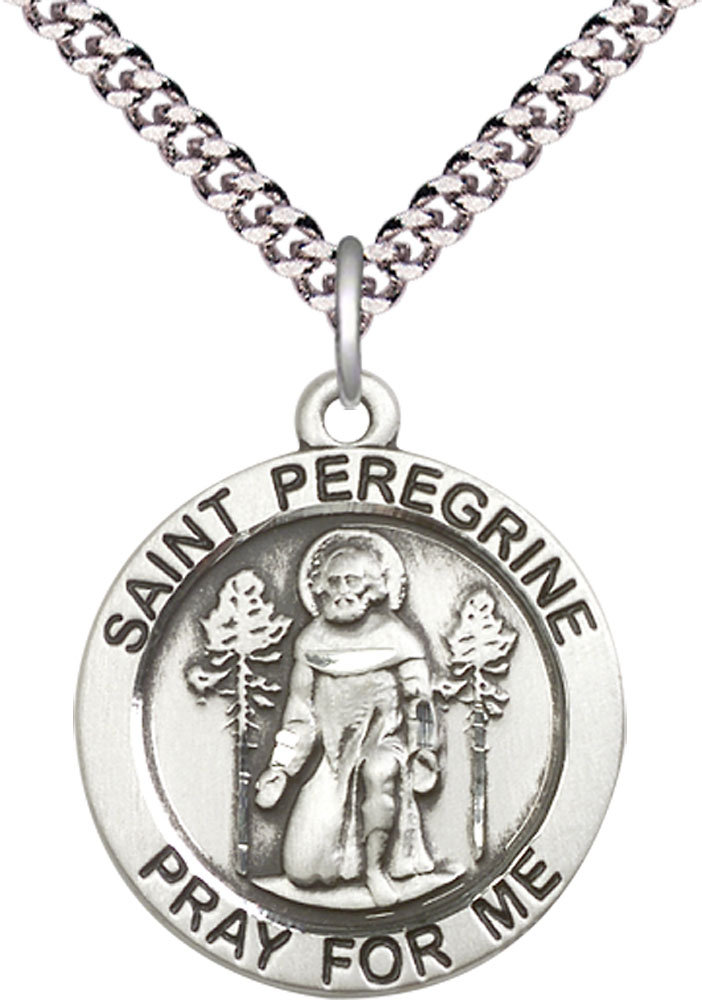Sterling Silver Saint Peregrine Pendant on a 24 inch Light Rhodium Heavy Curb chain