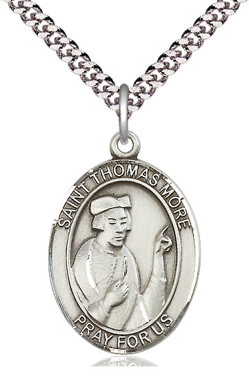 Sterling Silver Saint Thomas More Pendant on a 24 inch Light Rhodium Heavy Curb chain
