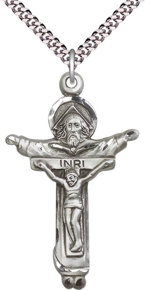 Sterling Silver Trinity Crucifix Pendant on a 24 inch Light Rhodium Heavy Curb chain