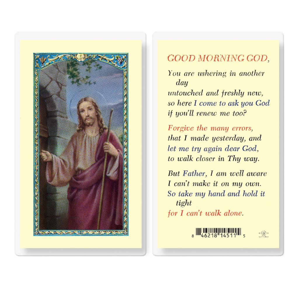 Good Morning God Christ Knocking Laminated Holy Card