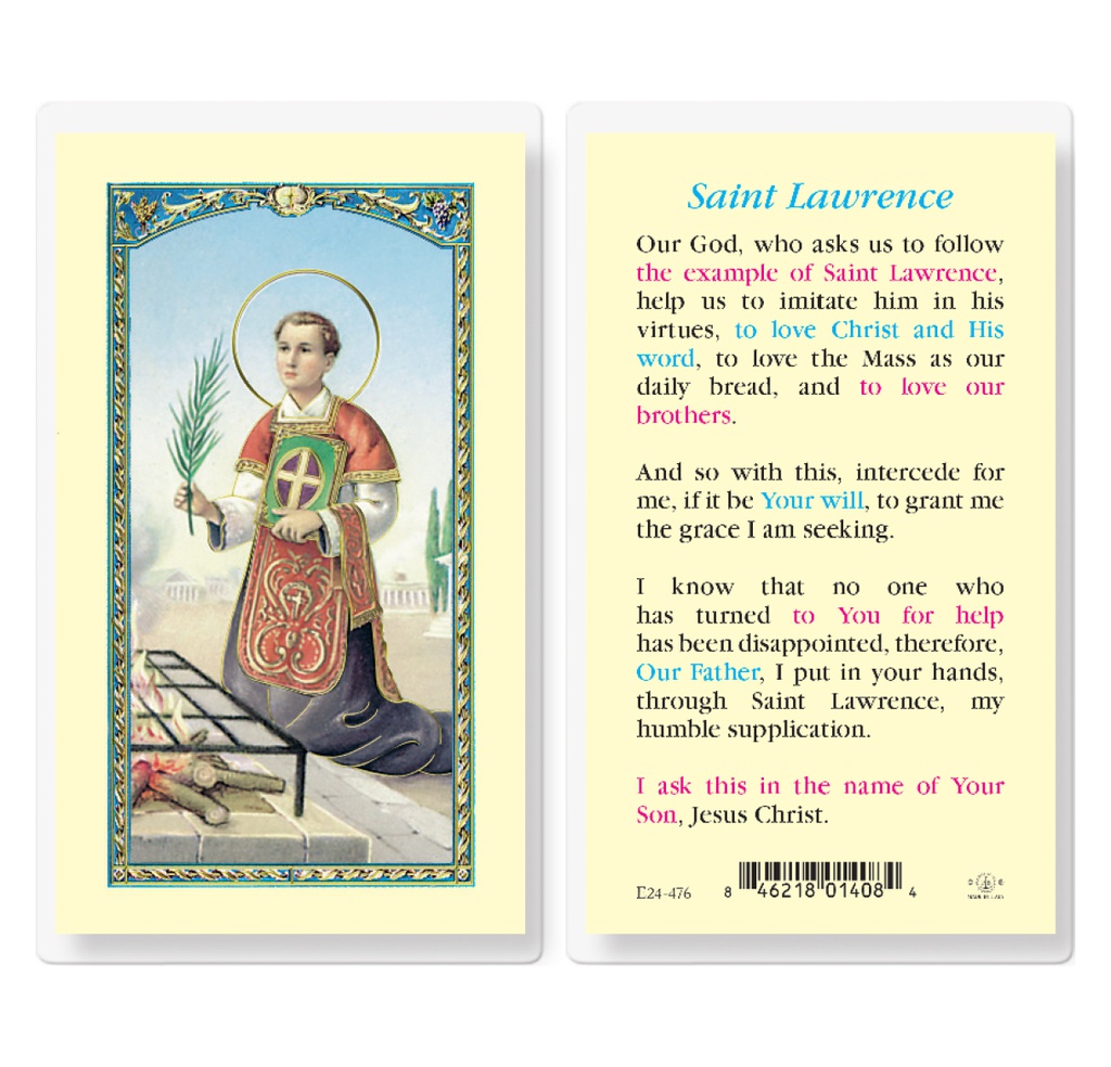 Prayer to Saint Lawrence Laminated Holy Card