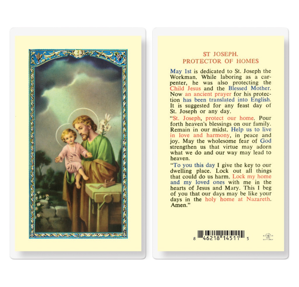 Saint Joseph Protection of Homes Laminated Holy Card