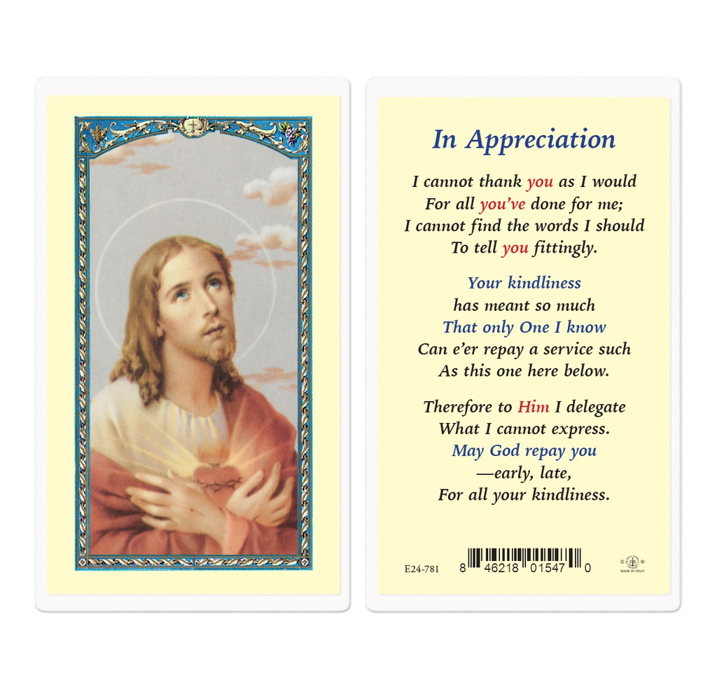 In Appreciation with Sacred Heart of Jesus Laminated Holy Card