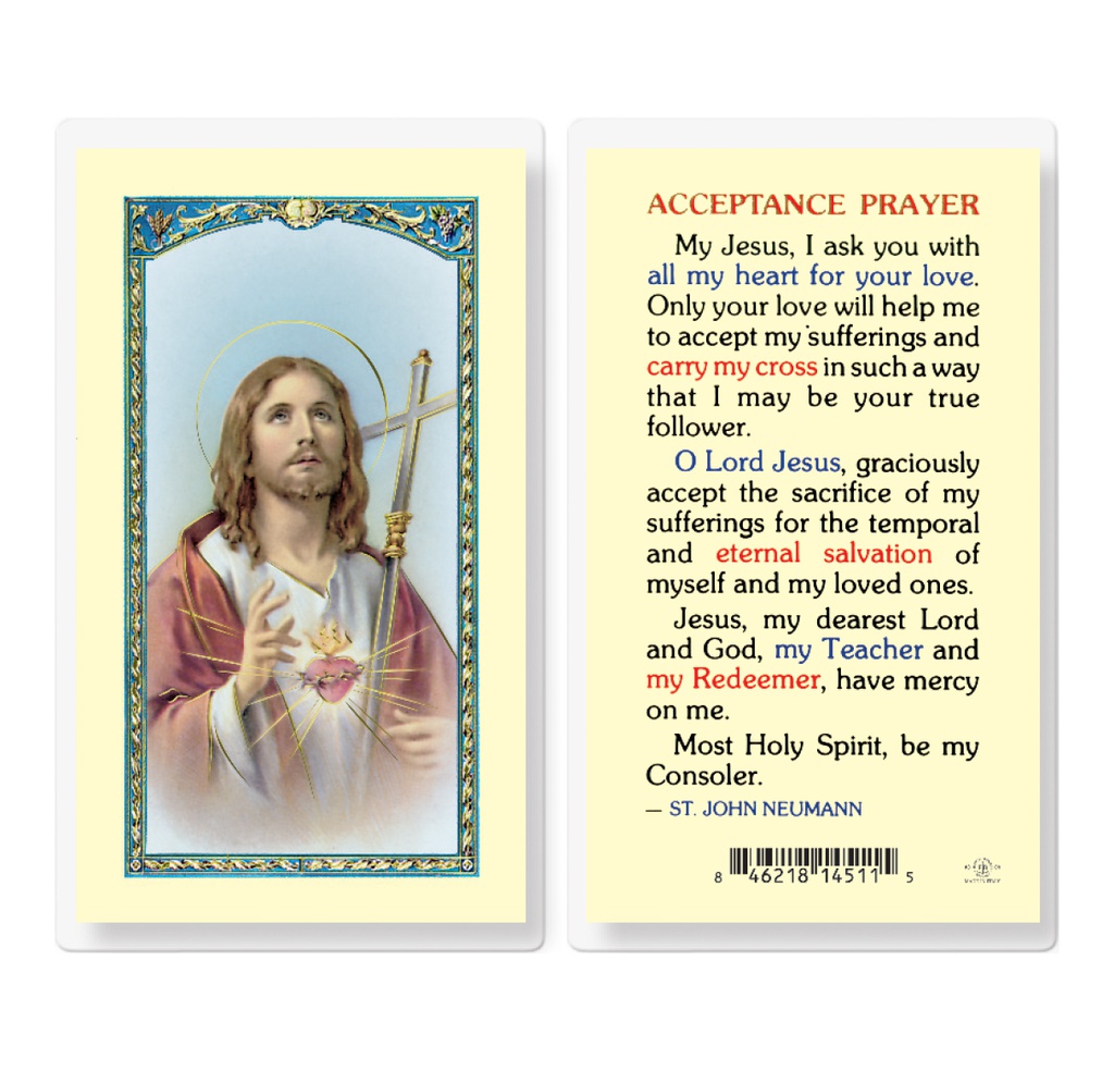 Acceptance Prayer with Sacred Heart of Jesus and Cross Laminated Holy Card