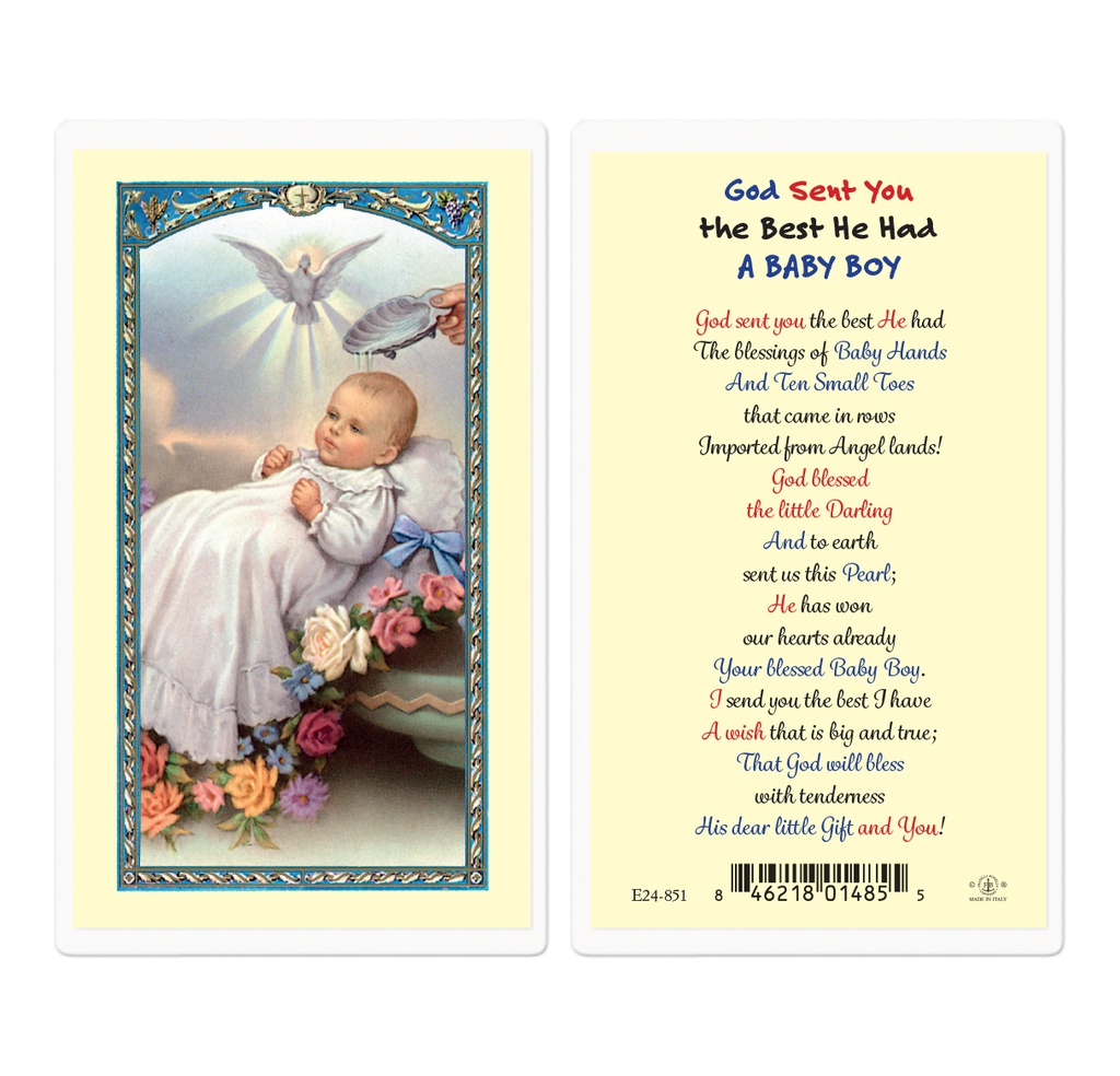 Baptism with God Sent You The Best He Had a Baby Boy Laminated Holy Card