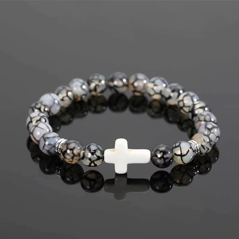 8mm Semi-Precious Stone Stretch Braclet w/Cross – White