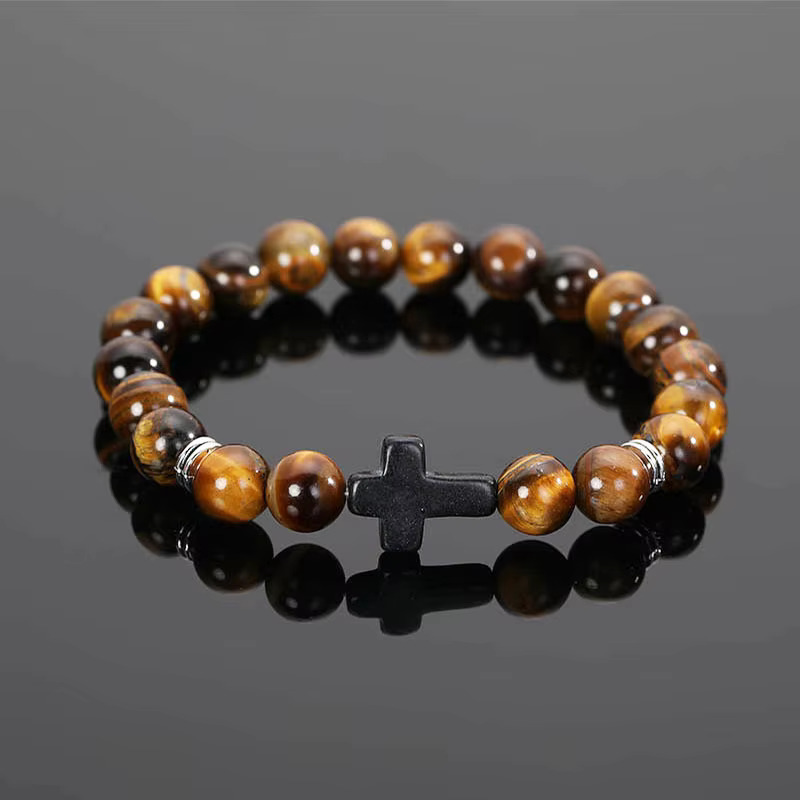 8mm Semi-Precious Stone Stretch Braclet w/Cross – Gold