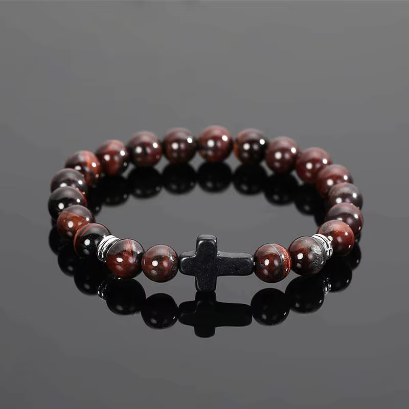8mm Semi-Precious Stone Stretch Braclet w/Cross – Brown