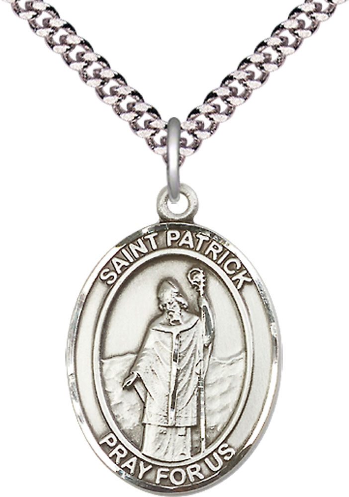 Sterling Silver Saint Patrick Pendant on a 24 inch Light Rhodium Heavy Curb chain