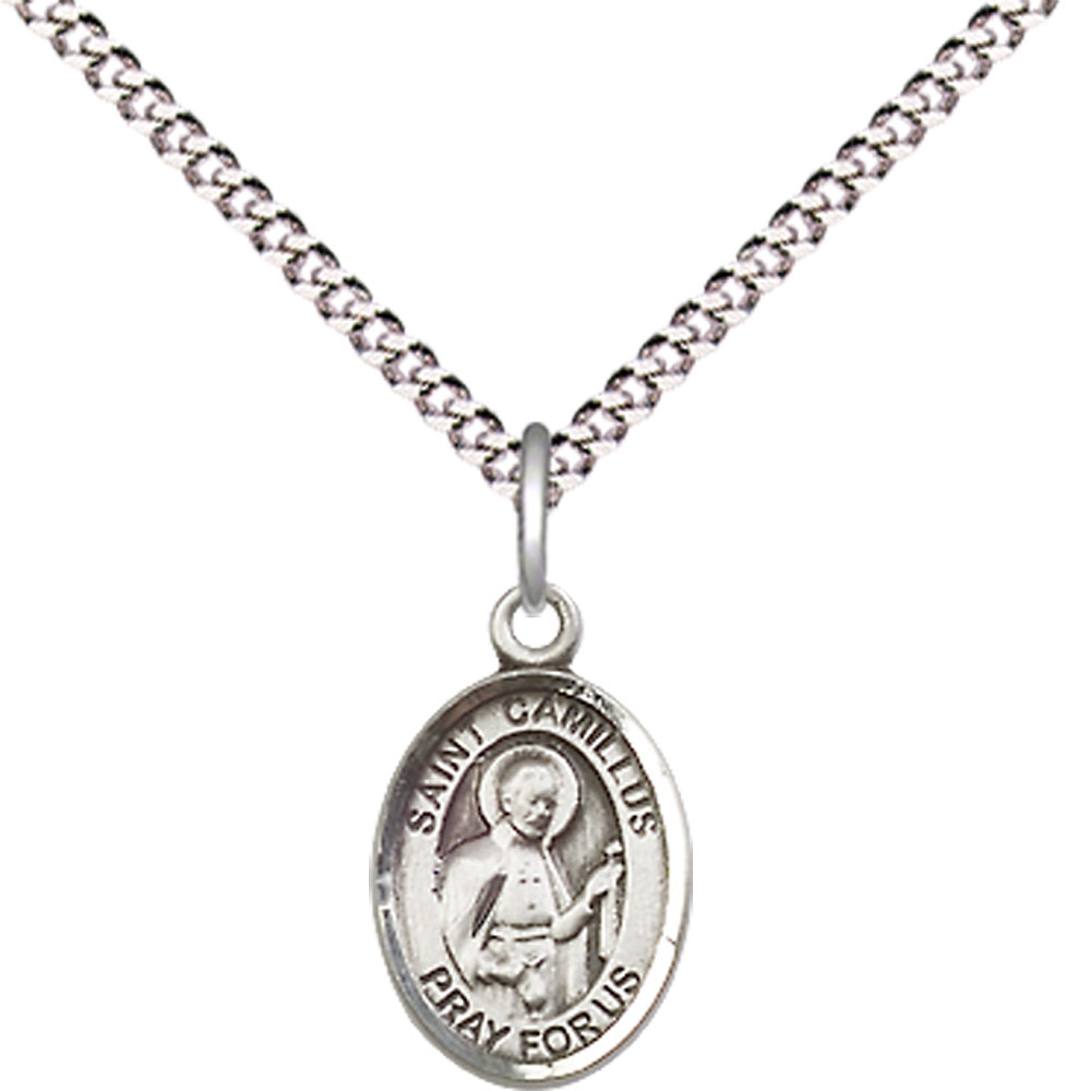 Sterling Silver Saint Camillus of Lellis Pendant on a 18 inch Light Rhodium Light Curb chain
