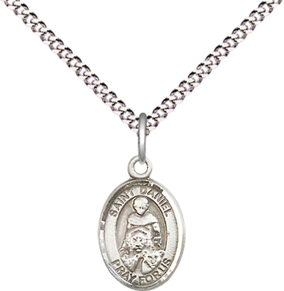 Sterling Silver Saint Daniel Pendant on a 18 inch Light Rhodium Light Curb chain