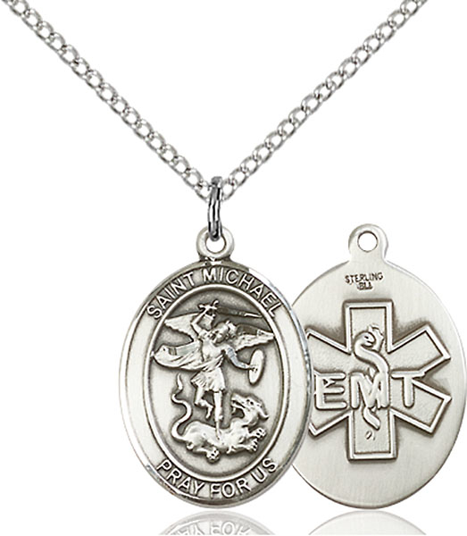 Sterling Silver Saint Michael EMT Pendant on a 18 inch Light Rhodium Light Curb chain