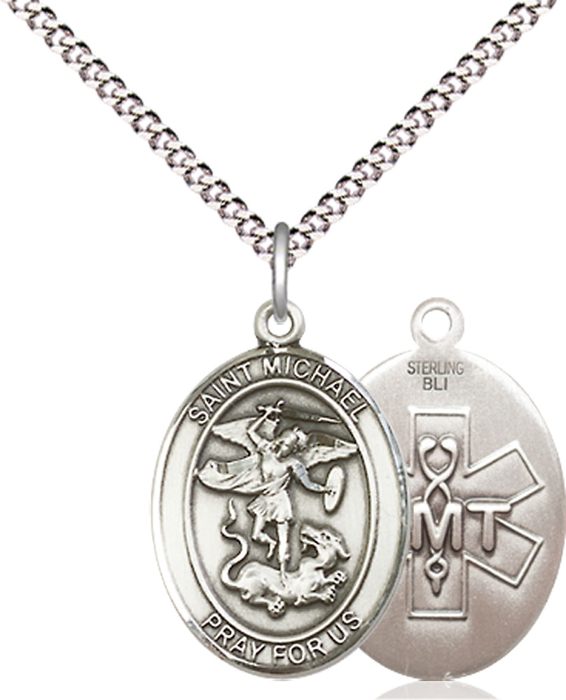 Sterling Silver Saint Michael EMT Pendant on a 18 inch Light Rhodium Light Curb chain