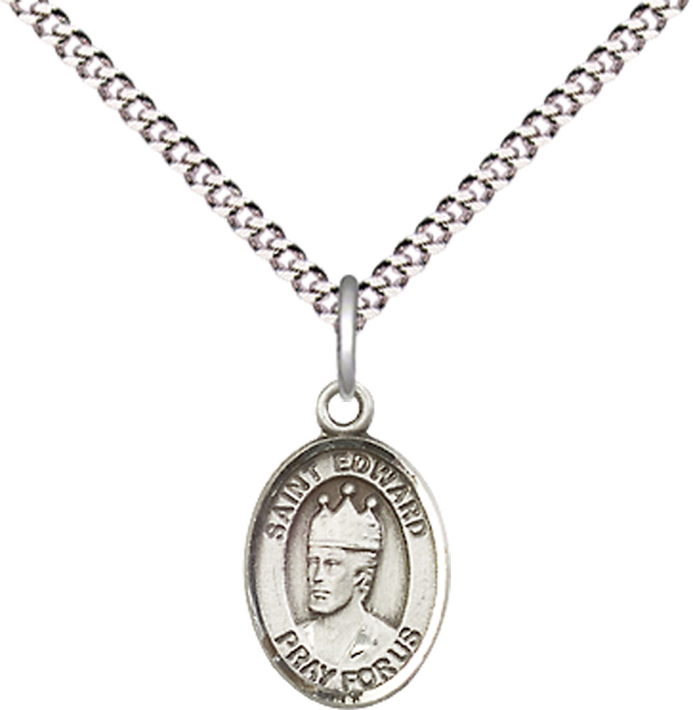 Sterling Silver Saint Edward the Confessor Pendant on a 18 inch Light Rhodium Light Curb chain
