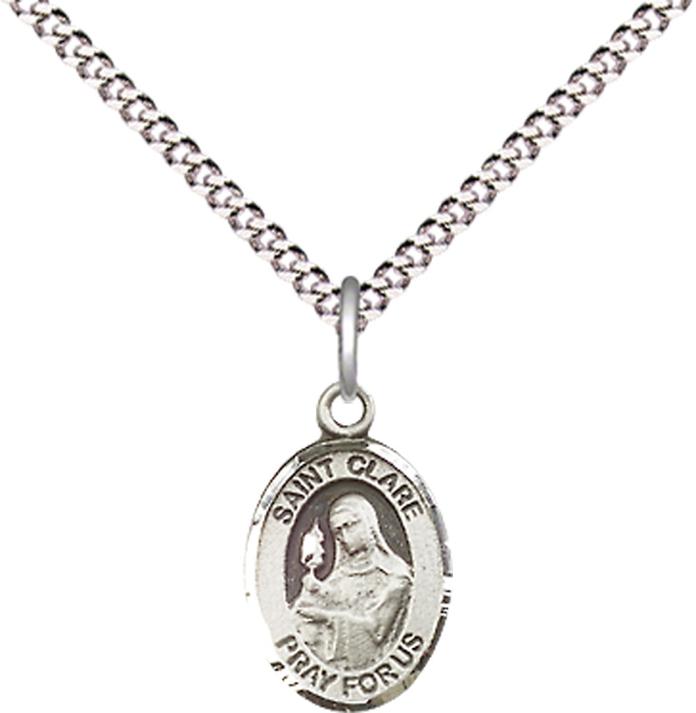 Sterling Silver Saint Clare of Assisi Pendant on a 18 inch Light Rhodium Light Curb chain